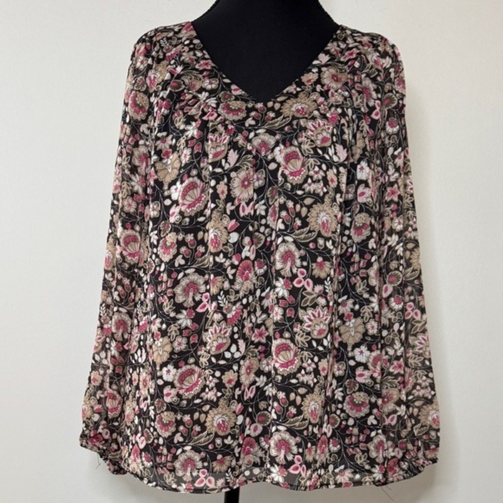 Ann Taylor Factory Floral V-Neck Blouse Pink Tan Navy Long Sleeve Medium